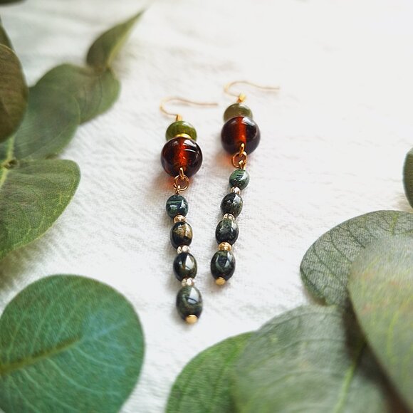 Kambaba Jasper & Tourmaline Earrings – Boho Witchy Dangle Earrings, Whimsigoth - Picture 7 of 9